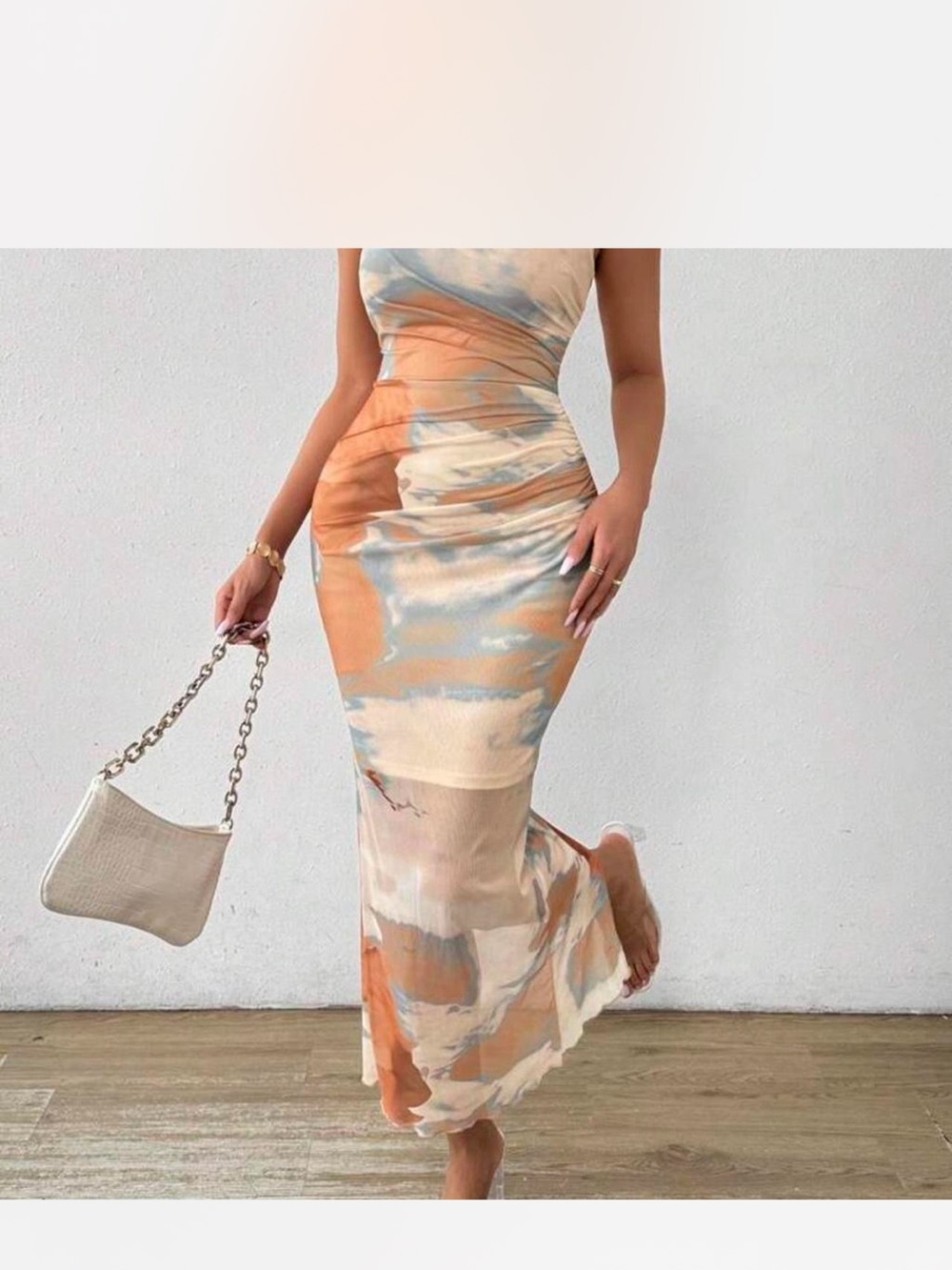 SHEIN Marble-Print Maxi Dress - Peach & Light Blue